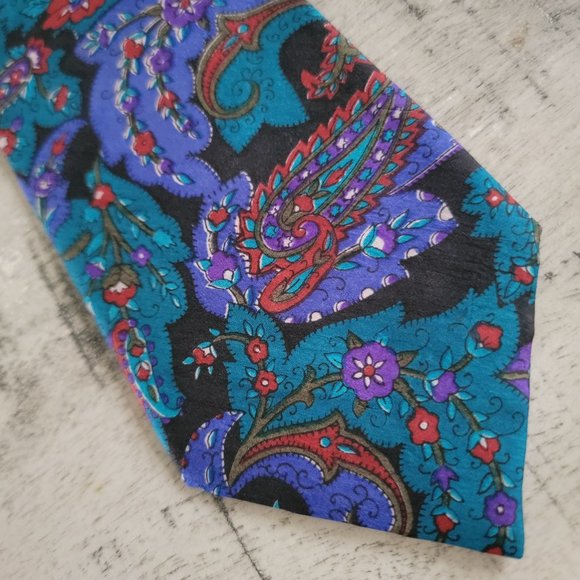 Die Krawatte Black and Teal Paisley Print Silk Tie 56.5 x 3.5 - Picture 8 of 9